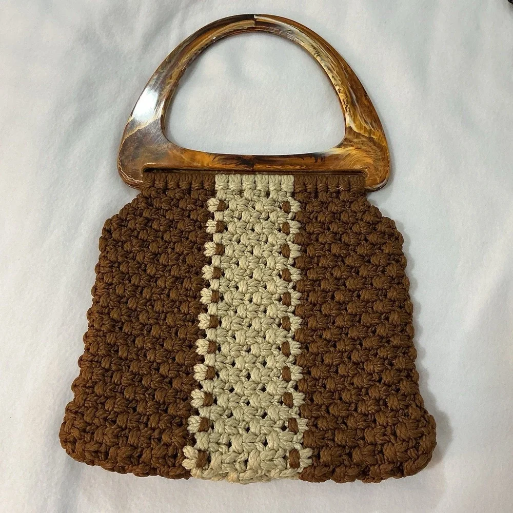 Vtg 70s Macrame Handbag Artisan Lucite Handle Brown Cream Lined Handmade Resort